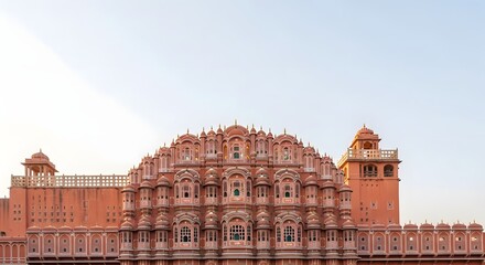 Obraz premium Hawa Mahal palace of winds in Jaipur India featuring pink sandstone architecture and numerous small windows known as jharokhas against clear sunset sky with street level wall in foreground view