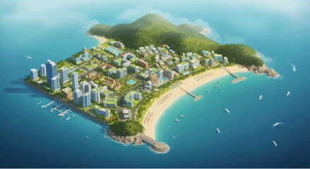 Aerial View of Tropical Island City with Beach, Marina, and Green Hills © Il