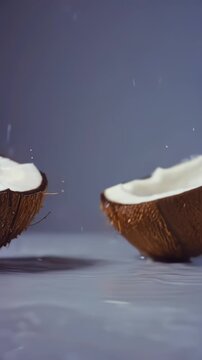 Coconut halves split open, releasing fresh coconut water, with droplets splashing against a smooth surface, creating a dynamic visual of nature's bounty in a minimalist setting