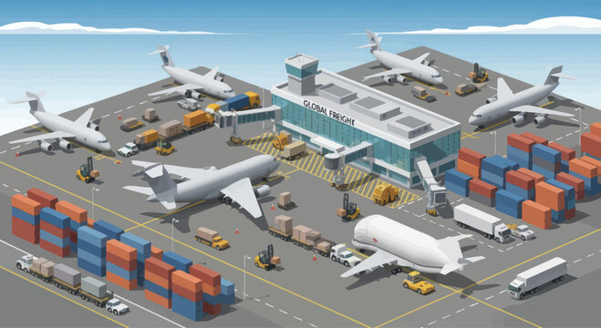 Isometric Airport Cargo Logistics and Global Shipping with Airplanes and Containers