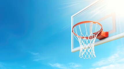 Naklejka premium A basketball hoop against a clear blue sky. The net is white and the rim is orange, creating a vibrant sports scene.