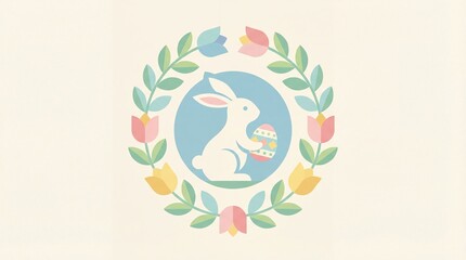 Obraz premium White Easter bunny with decorated egg surrounded by a floral wreath. Spring holiday celebration and festive occasion concept.