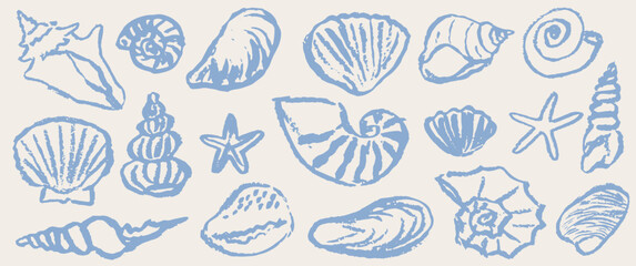 Blue sea or ocean shell collection. Contemporary isolated beach art in chalk, charcoal or wax crayon drawing style vector illustration. Ink grunge hand drawn doodle shells set. Pencil design elements. © KPstudio
