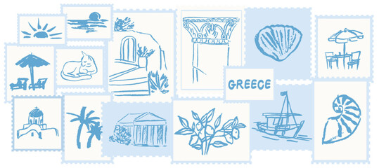 Plakat Greek summer vacation mail stamp charcoal style illustration set. Ink grunge hand drawn Greece coastal sea life, architecture, beach. Sea weekend line art for invitations, cards, wedding post mark.