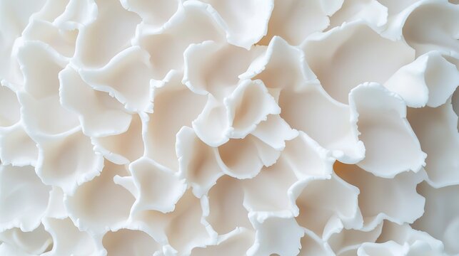 Macro photography of white, puffy popcorn texture, showing irregular shapes and a light, airy surface,  