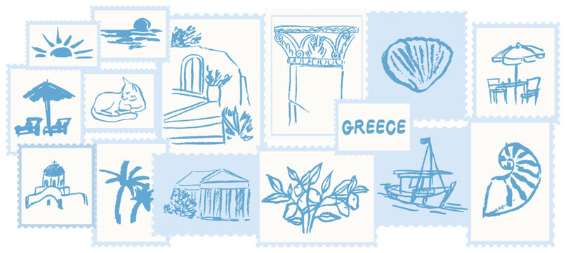 Greek summer vacation mail stamp charcoal style illustration set. Ink grunge hand drawn Greece coastal sea life, architecture, beach. Sea weekend line art for invitations, cards, wedding post mark.