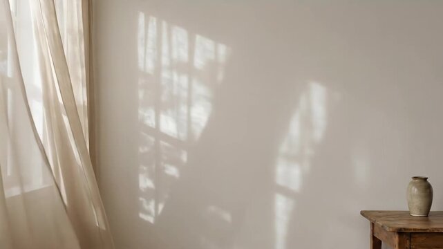 Sheer curtains blowing in the wind by a window with sunlight shadows falling on a light wall and a wooden table.