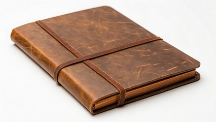 Obraz premium Souvenir Brown leather journal with elastic band closure, closed and lying flat on a white surface.