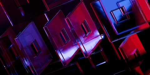 Holographic transparent crystal shapes with iridescent neon violet blue red glow on black backdrop cinematic futuristic tech banner design visuals 3d rendering © IM_VISUALS