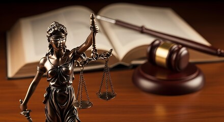 Statue of Lady Justice, scales, gavel, and open book rest on a polished wooden surface