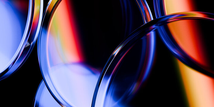 Glossy transparent geometric glass elements with iridescent chromatic purple blue neon glow on dark black backdrop sci-fi digital art cover design 3d rendering