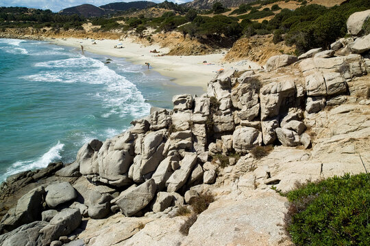 scenic view of Porto Sa Ruxi beach in Villasimius, Sardinia, Italy. 