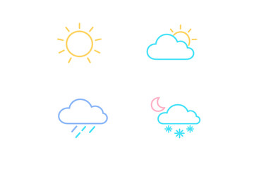 Obraz premium Four minimalist weather icons featuring a sun, partly cloudy sky, rain, and snow at night with a moon. The icons are designed with colorful neon outlines on a dark background.