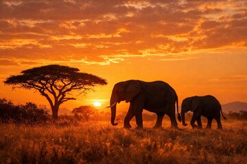 Naklejka premium Silhouette of elephants walking across savannah at sunset with vibrant sky and acacia tree in view