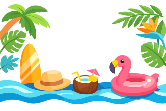 A vibrant summer illustration featuring a surfboard, straw hat, coconut cocktail, and a pink flamingo floatie on blue waves, framed by tropical palm leaves and a palm tree.
