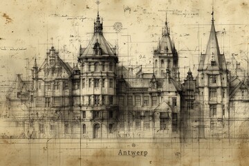 Obraz premium A refined architectural sketch of Antwerp grand buildings—elegant and historic. Soft, aged texture evokes culture, heritage, and artistic depth.