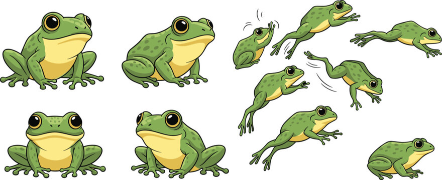 Cute Frog Characters in Various Poses, Sitting, Jumping, and Playing, Green Amphibian Illustration