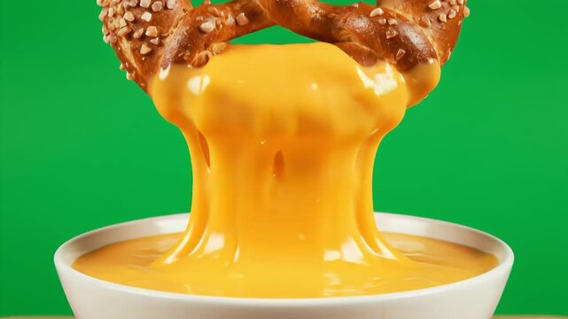 Close up on a large soft pretzel being dipped into a bowl of smooth golden cheese sauce against a vibrant green screen background