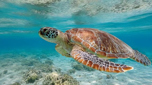 Sea turtle swimming in clear blue ocean water above coral reef in tropical marine environment