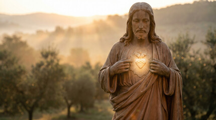 Fototapeta premium Sacred Heart of Jesus statue glowing at sunrise landscape