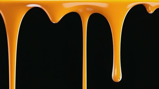 A close up video clip showing yellow liquid slowly dripping against a black background. The camera is static, capturing the smooth flow and texture of the liquid.