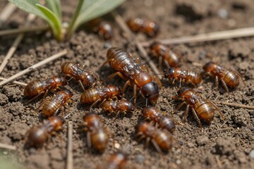 A detailed close-up captures a busy group of subterranean termites, specifically workers, actively foraging across the damp soil, highlighting their industrious behavior and natural habitat