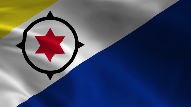 Waving flag of Bonaire a Dutch Caribbean island with its distinctive red star and compass rose emblem symbolizing national pride and travel