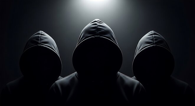 Three hooded figures are silhouetted, faces obscured, in a dark setting, under spotlight