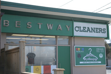 Naklejka premium exterior building and sign of Bestway Donlands Cleaners at 249 Donlands Av, East York, Toronto