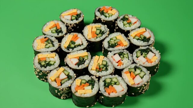Close up top view of Korean gimbap mini rolls arranged in a circular pattern on a vibrant green background seamless loop animation