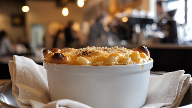 Close-Up View of a Deliciously Baked Macaroni and Cheese in a White Ramekin with a Crispy Golden-Brown Topping Served on a White Napkin in a Restaurant Setting with Blurred Background Lights and