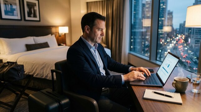 Businessman typing on laptop working late inside hotel room with city view outside window evening lights