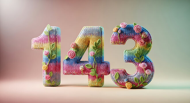 Handcrafted Knitted Numbers 143 Decorated with Vibrant Flowers and Greenery, Perfect for Special Occasions