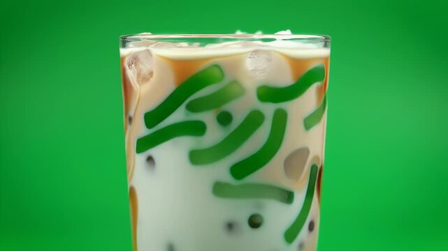 Close Up View of Iced Chendol Dessert Drink Swirling with Coconut Milk and Palm Sugar Syrup in Tall Glass Isolated on Green Screen