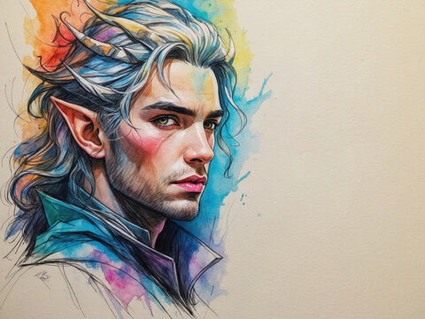 A handsome male elf with long wavy hair and small horns. Detailed fantasy character illustration highlights sharp facial features on a light textured background.
