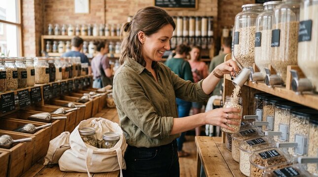 Smiling woman filling glass jar with organic grains at bulk food store wooden shelves eco friendly shopping sustainable lifestyle warm natural light