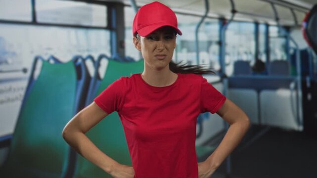 Woman in red tshirt and baseball cap with hands on hips scowling inside a city bus on the street, green seats and windows behind her; frustration.