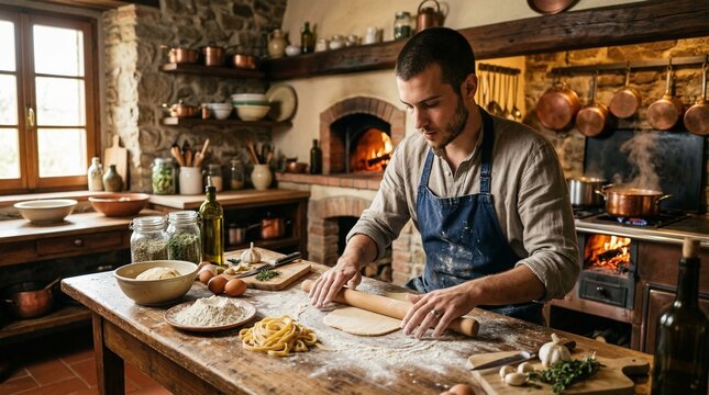 Man rolling dough with rolling pin making fresh pasta in rustic kitchen with wood stove and natural light