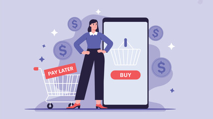 Buy now pay later mobile payment concept with woman standing near smartphone shopping cart and dollar coins, digital finance and ecommerce vector illustration © VectAmaze