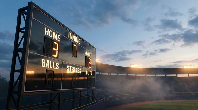 Baseball stadium scoreboard showing game score at dusk