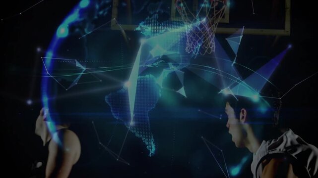 Jumping two players on dark court in #22 and white jerseys reaching offframe ball, globe expanding