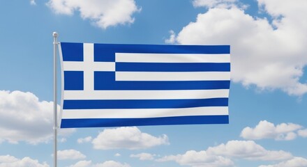 Obraz premium Greek flag waving proudly against a bright blue sky with scattered clouds