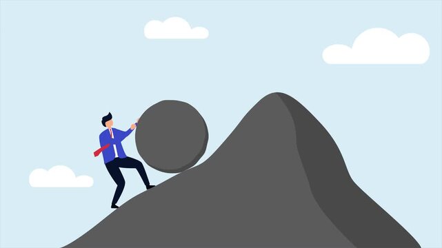 Flat illustration businessman pushing a large boulder up a steep mountain symbolizing hard effort vector