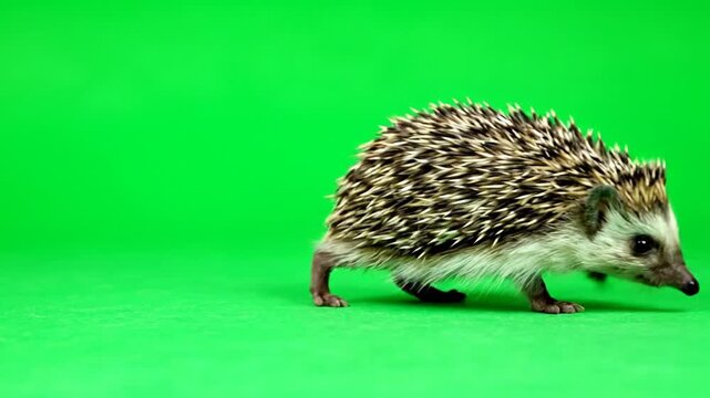 A video captures a hedgehog walking on green screen with quills.