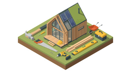Isometric illustration of a modern eco-friendly house under construction with solar panels and various building tools.
