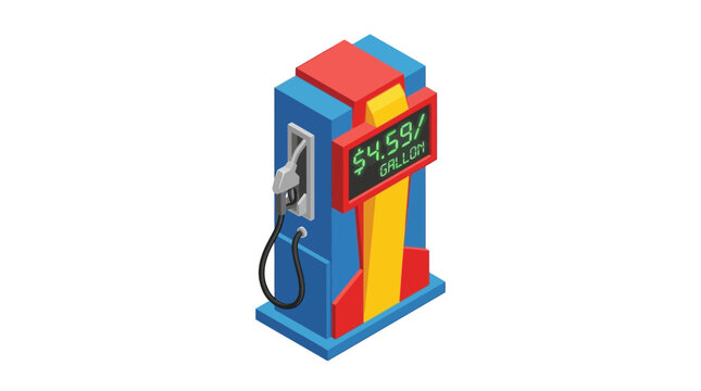 A colorful isometric illustration of a gas pump displaying a price of $4.59 per gallon.