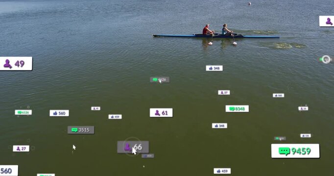 Rowers pulling synced strokes on lake, cursor hovering likes counters popping below boat for social