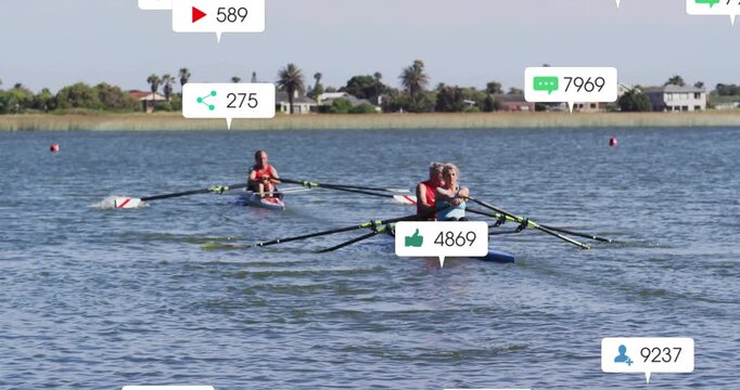 Crew rowing double scull nearing camera, social media icons popping and gathering, raising likes
