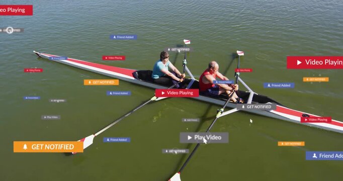 Badges appearing, stroke and bow mirroring scull strokes, UI badges floating over water for sports