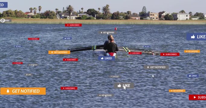 Appearing social badges, rower wearing dark longsleeve top rowing single scull on lake, buoy ahead